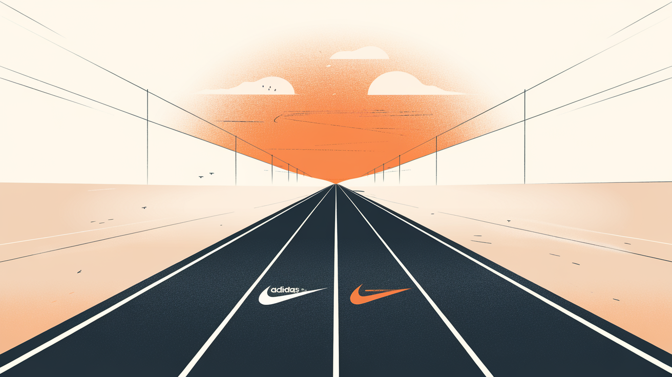 兩條平行跑道線在遠處匯聚——Adidas對Nike品牌競爭示意