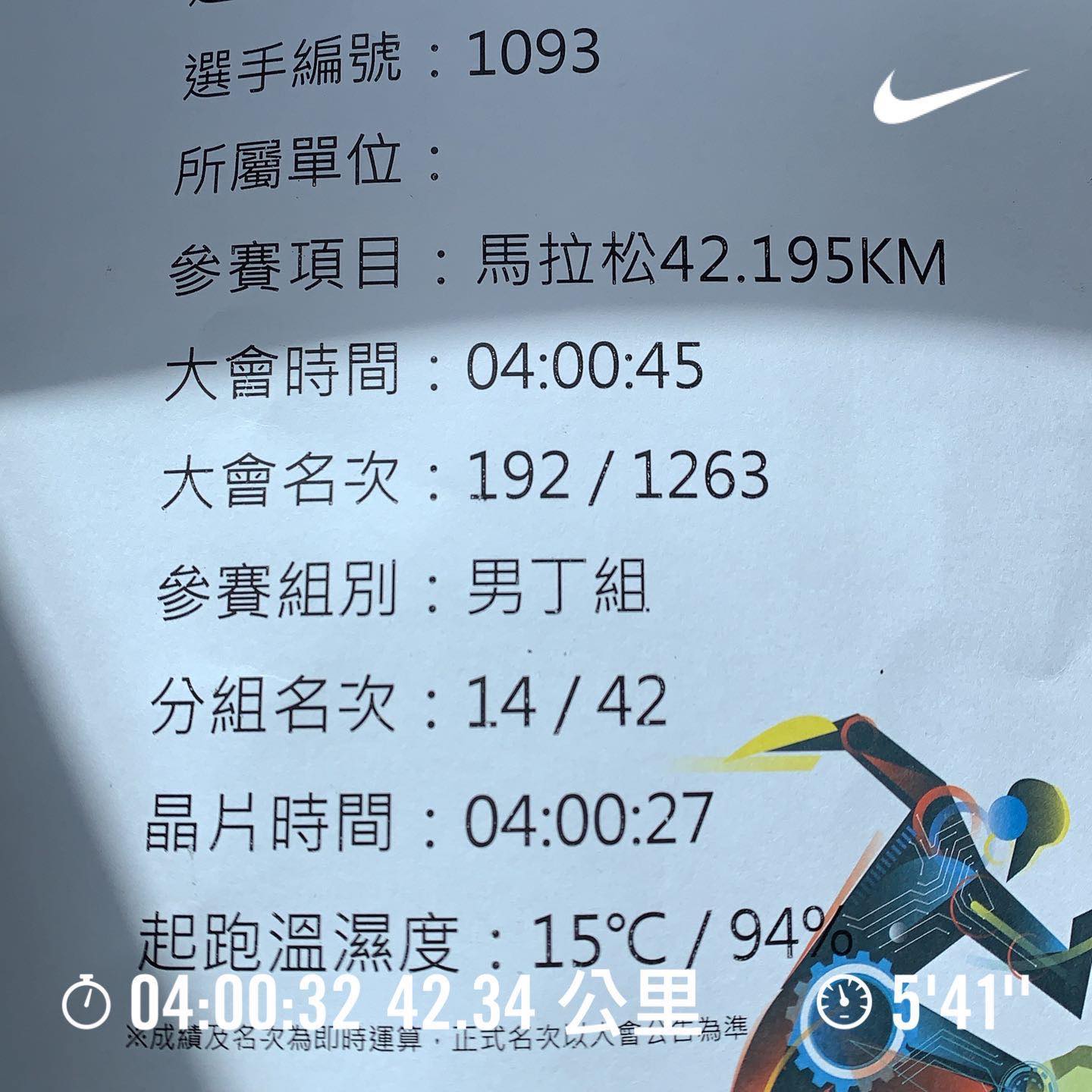 資訊盃馬拉松成績 4:00:27